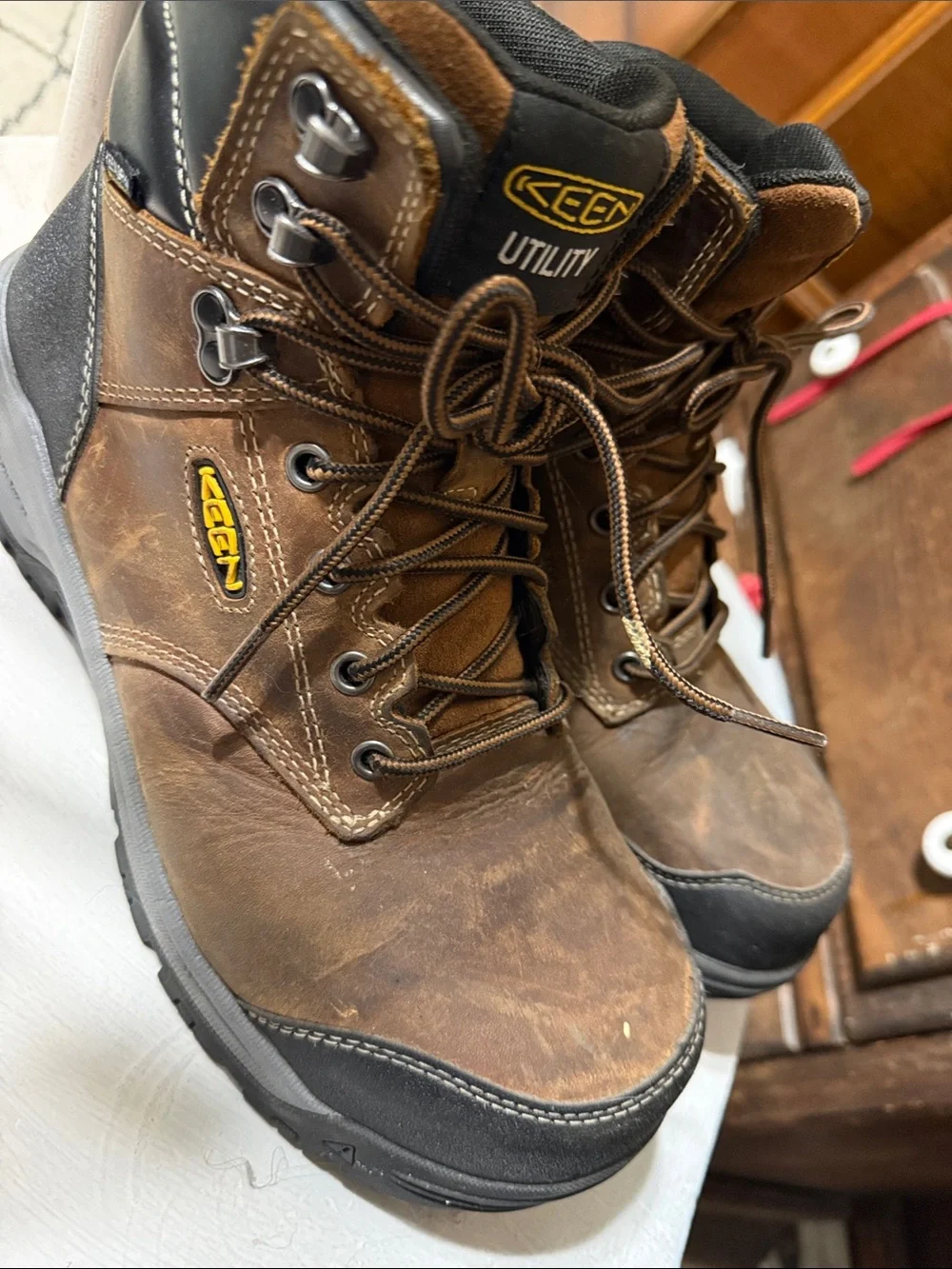 Keen Utility Brown Leather Work Boots with Black Trim